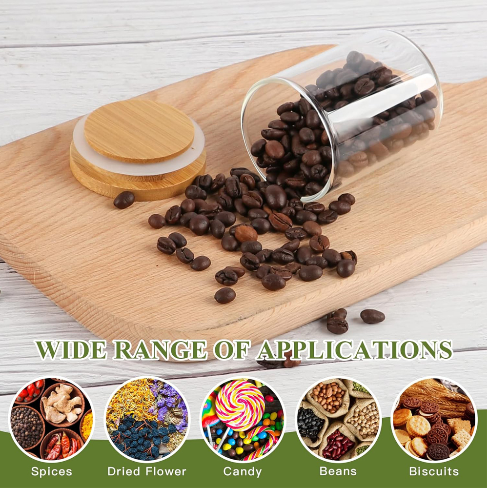 4oz krydderikrukker af glas med bambuslåg, opbevaringsbeholdere af klar borosilikatglas til mad med lufttætte trælåg, cylinderglas