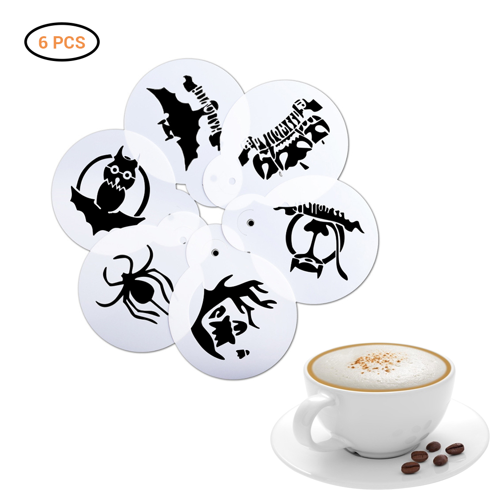 6Pcs Halloween DIY Cake Coffee Stencils Spray Molds Spider Bat Pumpkin Decorating Printing Modeling Tools Pad Duster Spray Tools: A
