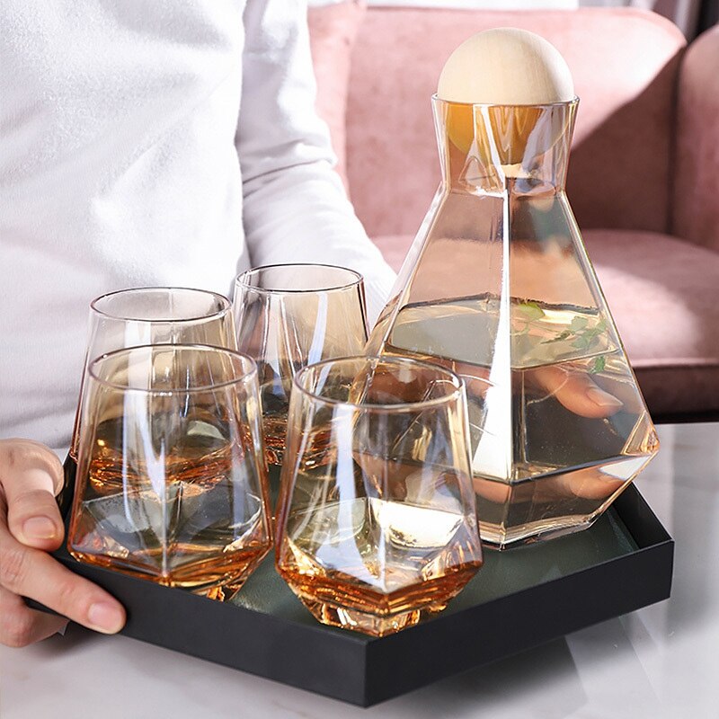 Diamond Whiskey Glazen Sets Waterkoker Met Hout Bal Deksel Duidelijk Kruik Voor Sap Cocktail Wijn Glazen Set: Amber