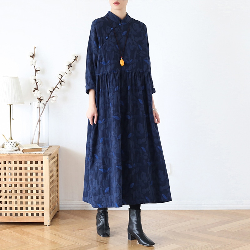Johnature Jacquard Vintage Jurk Voor Vrouwen Katoen Linnen Chinese Stijl Gewaden Winter Stand Lange Mouwen Print Bloemen Jurk