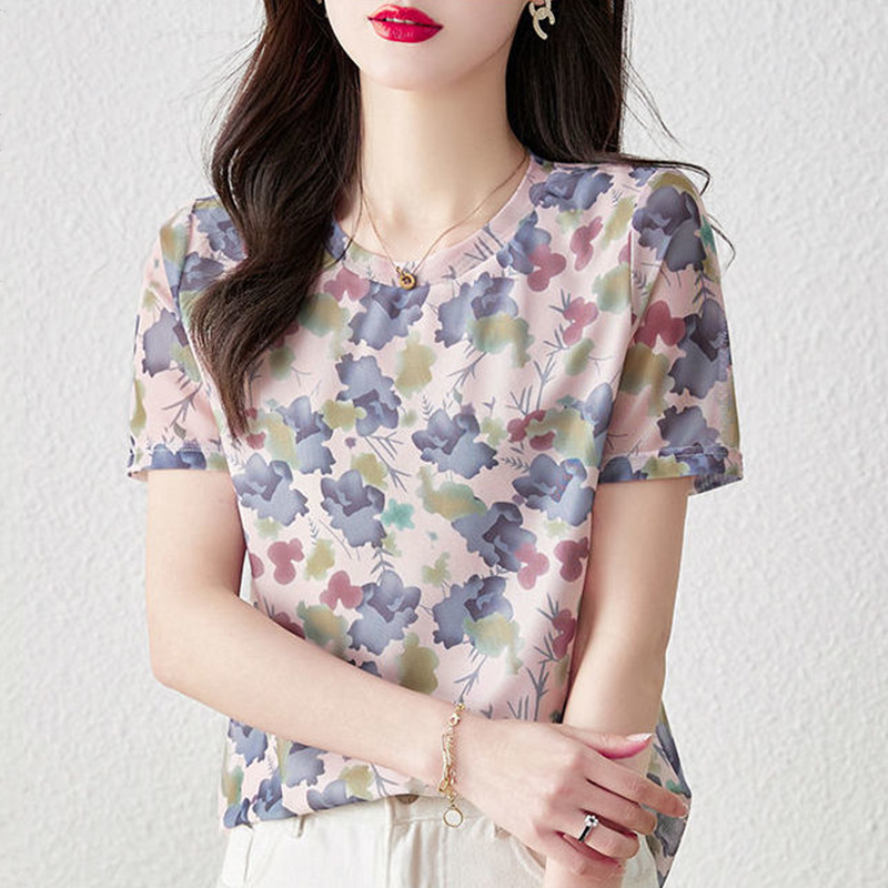 Zomer Koreaanse Stijl Bloemen Casual Trui Vrouwelijke Elegante Mode Print Korte Mouw Tops Vrouwen Chiffon Zweet Femme Kleding