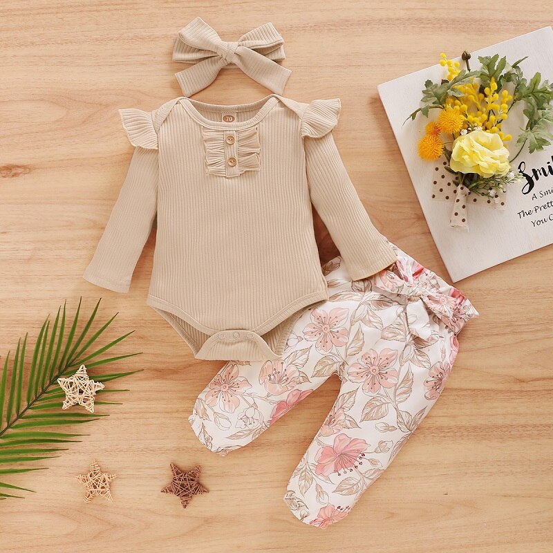 Ensemble de vêtements pour -né bébé filles 3 pièces fleurs imprimer volants à manches longues barboteuse pantalon bandeau 0-24M