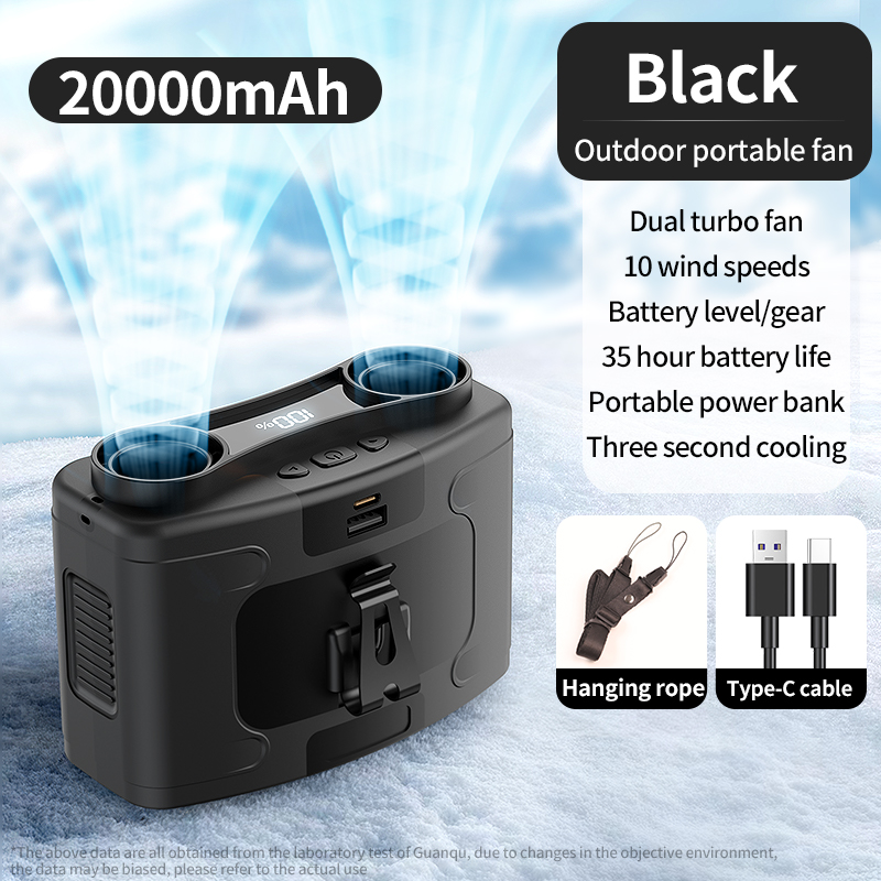 20000 mAh tragbarer Taillenventilator, schnell kühlender hängender Halsventilator, 10 Gänge, Geschwindigkeiten, Doppelmotoren, starker Wind, Außenventilator mit Powerbank: Blau