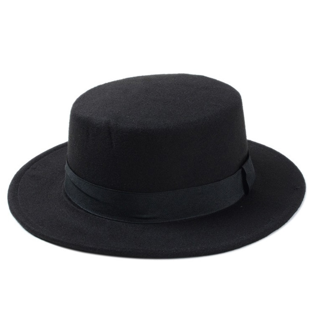 Wool Boater Flat Top Hat For Women's Felt Wide Brim Hat Laday Prok Pie Chapeu de Feltro Bowler Gambler Top Hat