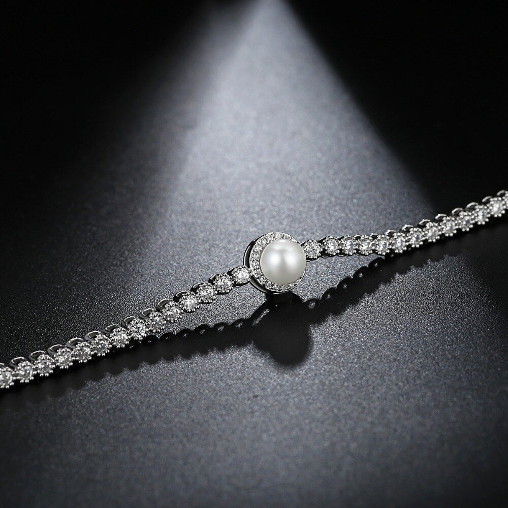 LUOTEEMI Edle Nachahmung Perle Luxus Zirkonia Tennis Armbinde Armbänder Für Frauen Braut Hochzeit Zubehör Schmuck