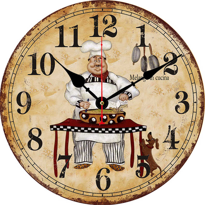 modern Large Shabby Chic Rustic Kitchen Chef cooking good wine Wall Clock 16" Kitchen Chef Wine Round Wall Wooden Clock: 24830 / 6inch(15CM)