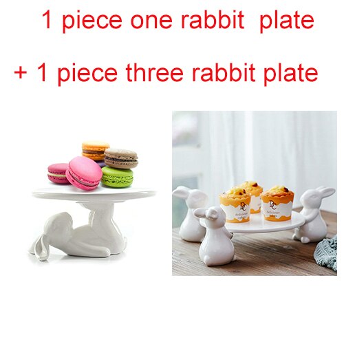 Plato para torta de porcelana cerámica blanca, soporte para pies de conejo, decoraciones creativas para el hogar, adornos de cerámica, accesorios, bandeja para pasteles de té: one and three rabbit