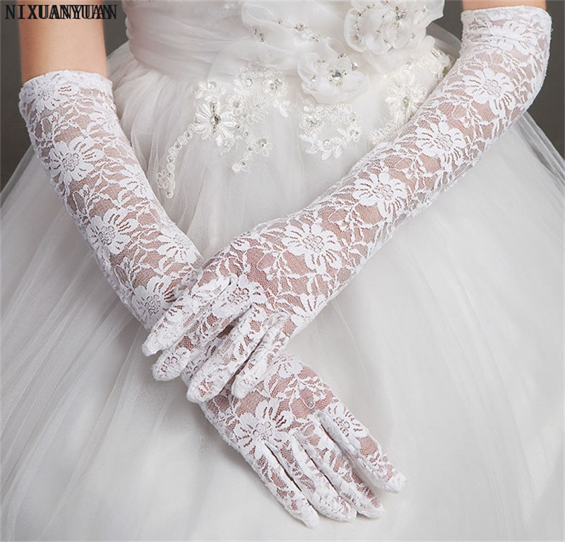 Pas cher dentelle gants de mariage blanc noir ivoire rouge coude longueur doigt gants de mariée longue taille unique accessoires de mariage