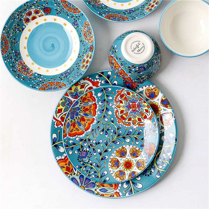 1pcs Ceramic Tableware Bohemian Style Round Flowers Bone China 6/8/10 Inch Plate Bowl Dish Household Kitchen Supplies Dinnerware