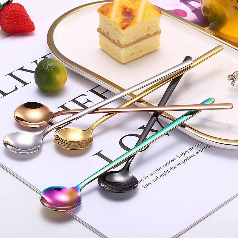 1Pc 24cm Long Handled Stainless Steel Ice Cream Dessert Tea Spoon Colorful Coffee Spoon Dinnerware Flatware Kitchen Tools