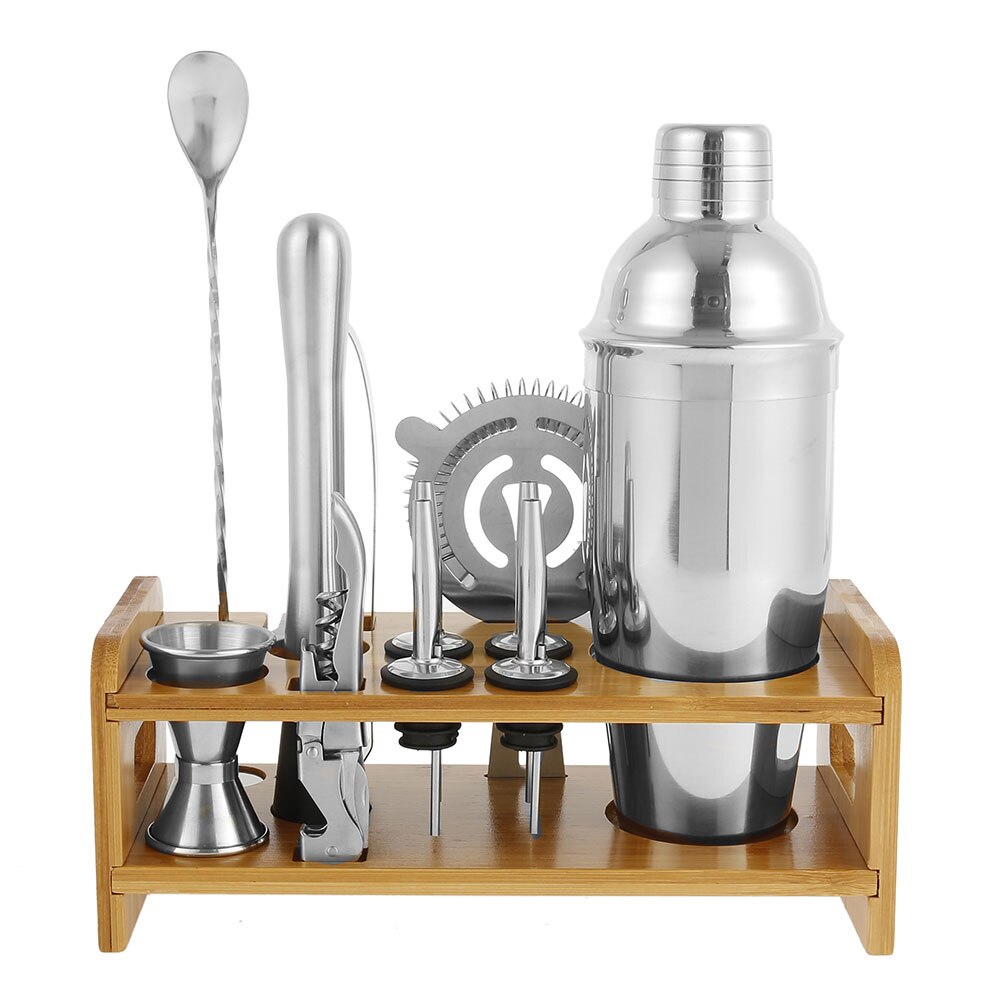 Ensemble de 12 shakers à Cocktail de 750ml, cuillère à mélanger avec Jigger, pince, outils de bar avec support de rangement en bois, barres pour boissons mélangées