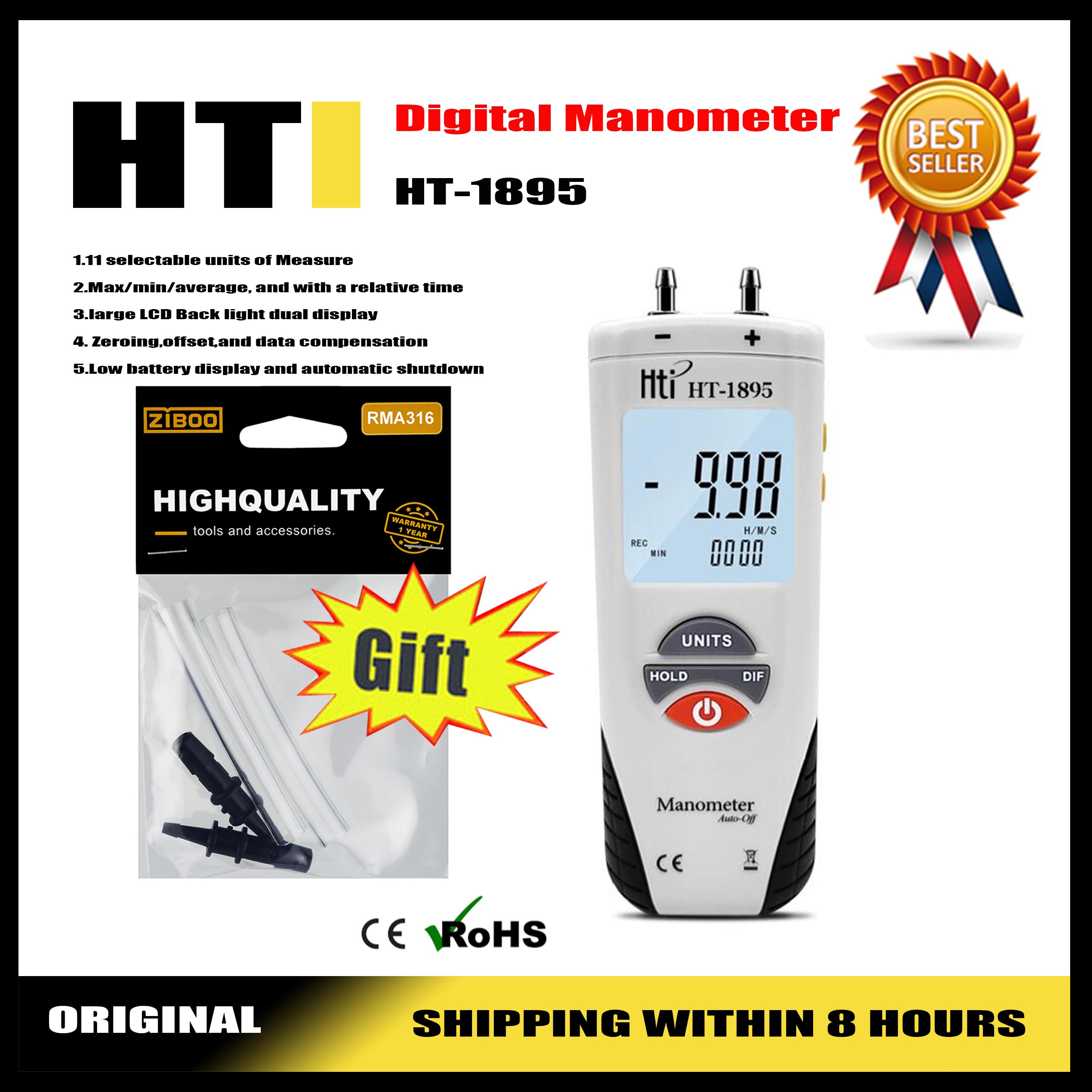 HTI HT-1895 Handheld Proable Digitale Manometer Luchtdrukmeter Differentiële Manometer Gasdruk Tester LCD Display