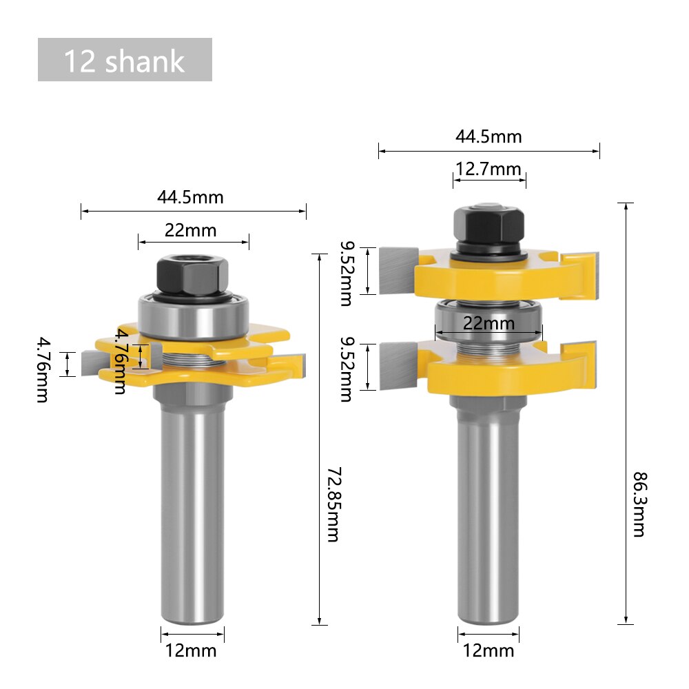 2 stk sett 12mm 1/2 &quot; skaft tappkutter gulv trebit t type justerbart spor &amp; freser med fres til trebearbeiding: 12mm skaft