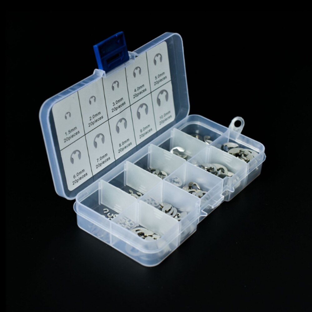 200Pcs/Box 304 Stainless Steel E Clip Circlip Washer Assortment Kit 1.5-10 mm External Retaining Ring Clip For Shaft