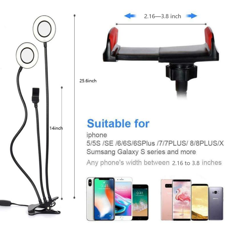 Dimmable LED Selfie Ring Light With Long Arm Lazy Mobile Phone Holder Bracket USB Selfie Ring Lights For Cell Phone Studio