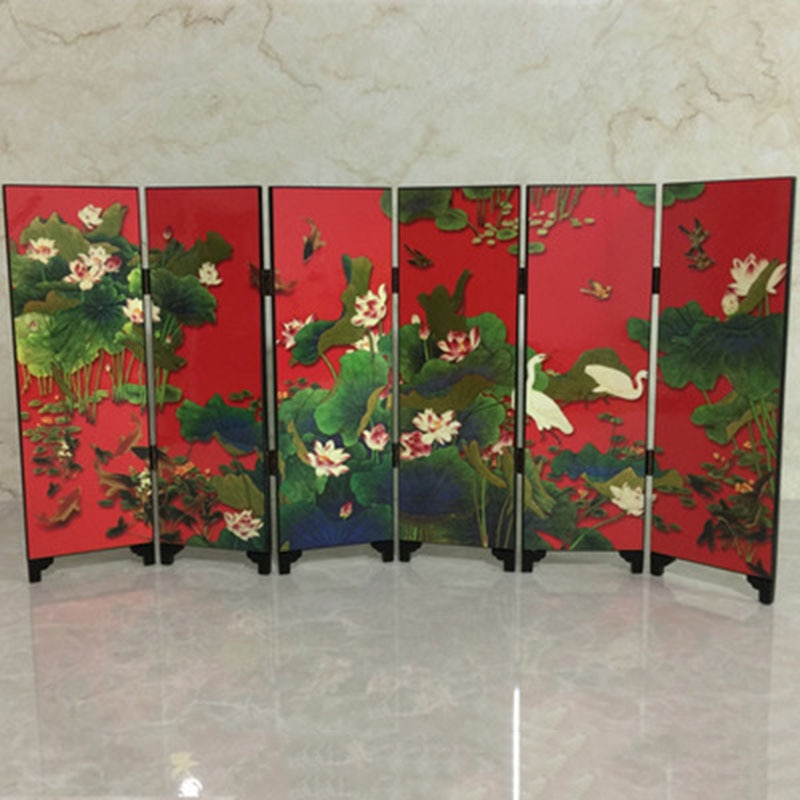 6 Panel Wooden Chinese Style Vintage Pattern Mini Folding Screen Room Divider