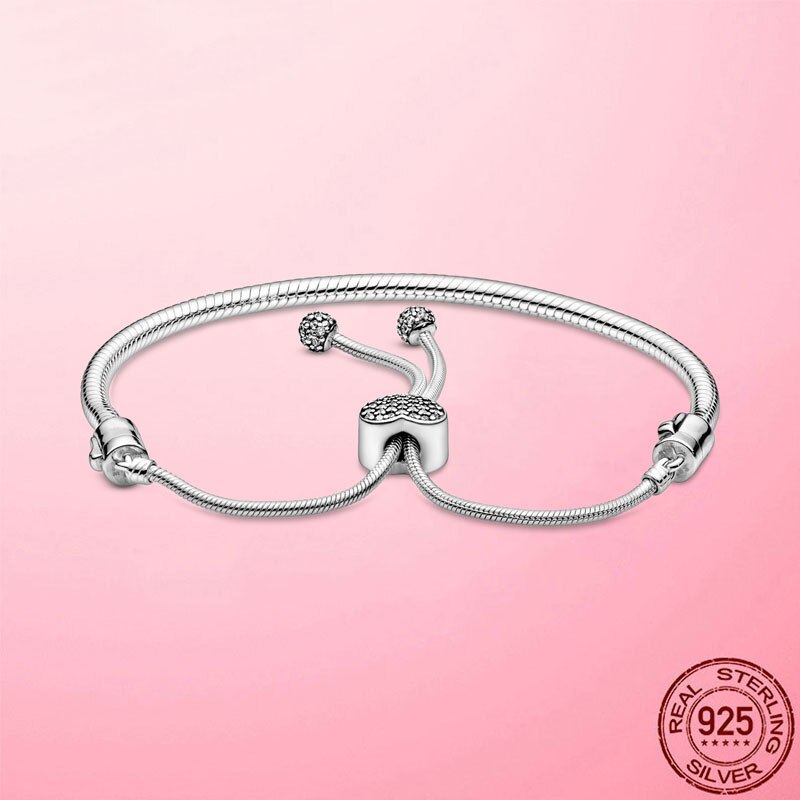 Femme momenti pavimenta il cuore chiusura serpente catena Slider braccialetto per le donne gioielli in argento 925 Sterling Silver CZ ciondola il braccialetto