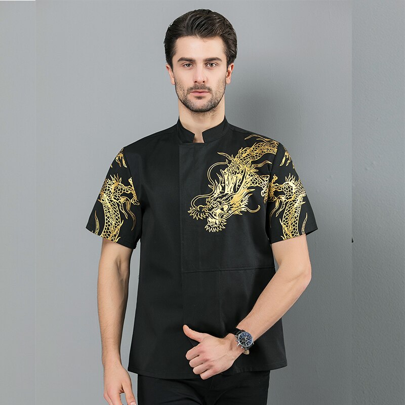 Chef-kok Jas Jas Korte Mouw Draak Patroon Kitchencook Kleding Restaurant Uniform Baker Dragen: Beige / XXXL