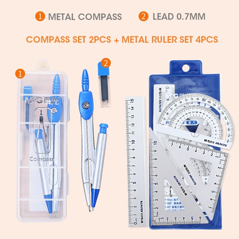 M&G Aluminium Metal Geometry Ruler Set Maths pencil stationery triangular Rulers Protractor Students for School Office Supplies: Set 2 Blue