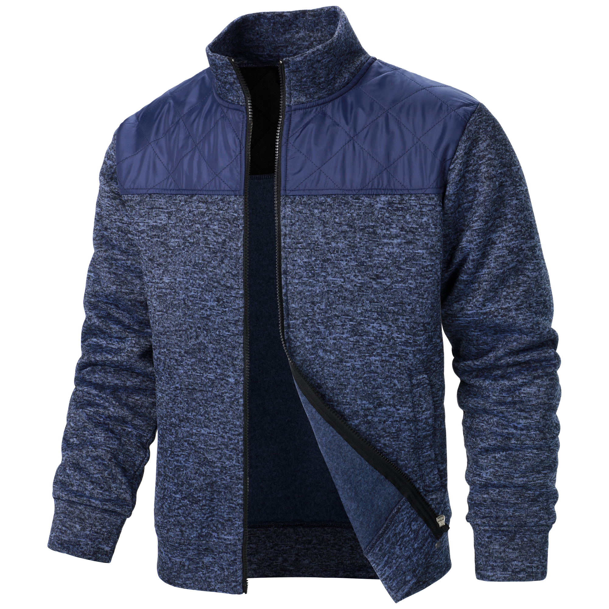Manteau pull à col montant pour hommes, rayé, à carreaux, avec fermeture éclair, couleur, automne/hiver: XXXL / Marine Bleu