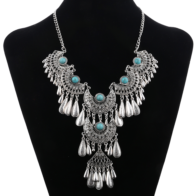 Collares llamativos étnicos exagerados Vintage para mujer, collares con borlas de gota de agua talladas de Color plata antigua, joyería Bohemia
