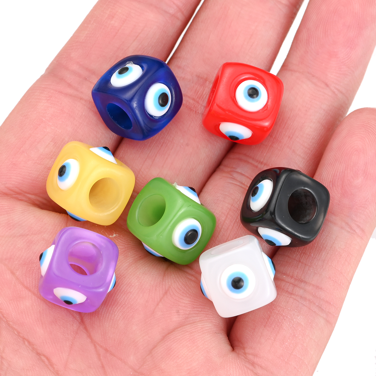 Mélange de perles carrées en résine mauvais œil, grand trou, perles d'espacement adt pour bijoux, bracelet exécutif, porte-clés, téléphone, 12x14mm, 5 pièces