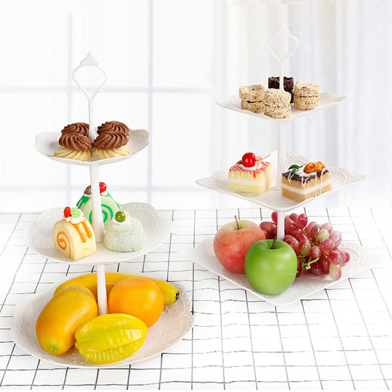 Three Layers Dessert Tray Plastic Serving Platter Cake Stand Tray Europe Round/Square Candy Pan Party Fruit Tray Kitchen Helper