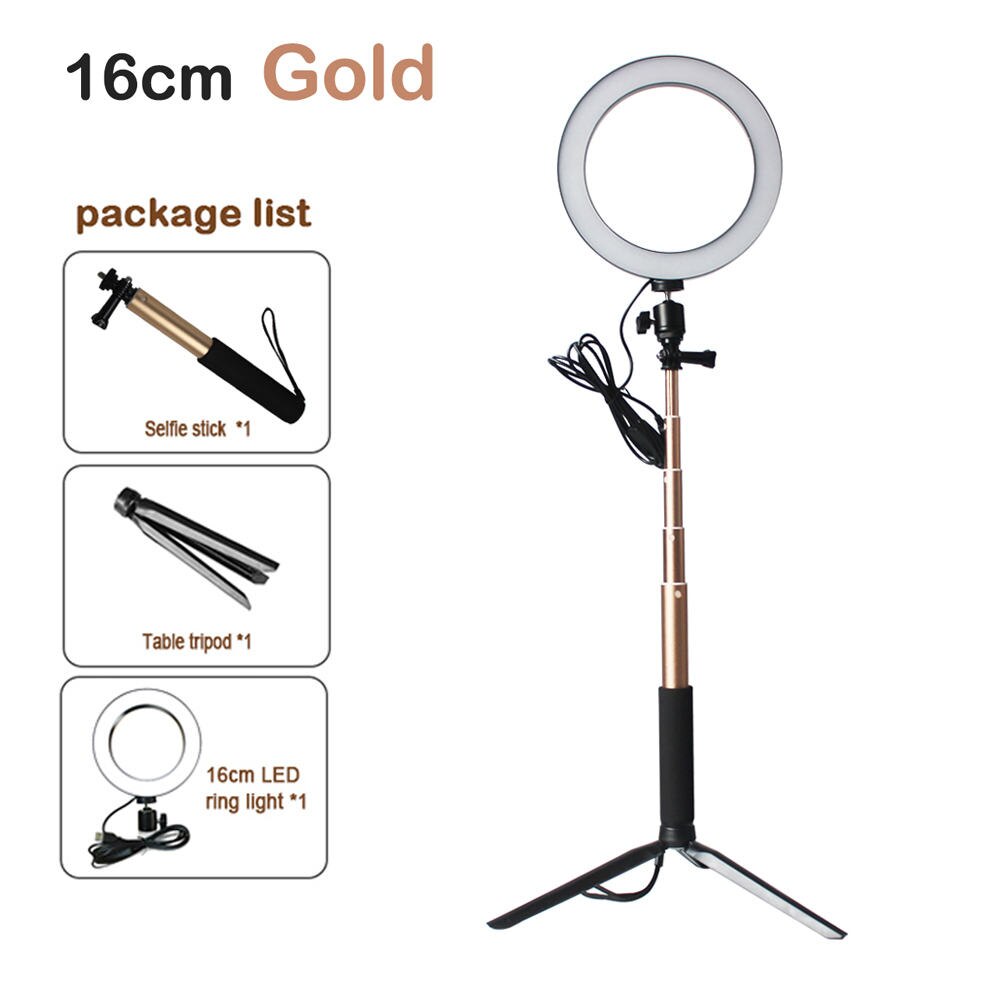 Dimmable LED Studio Camera Ring Light Photo Phone Video Light Annular Lamp With Tripods Selfie Stick Ring Fill Light For Canon: 16cm gold