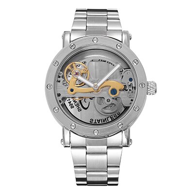 SHENHUA mannen Bridge Analoge Weergave Mechanische Horloge Skeleton Automatische Zelf Wind Man Klok Lederen Band Relogio Masculino: Silver Steel