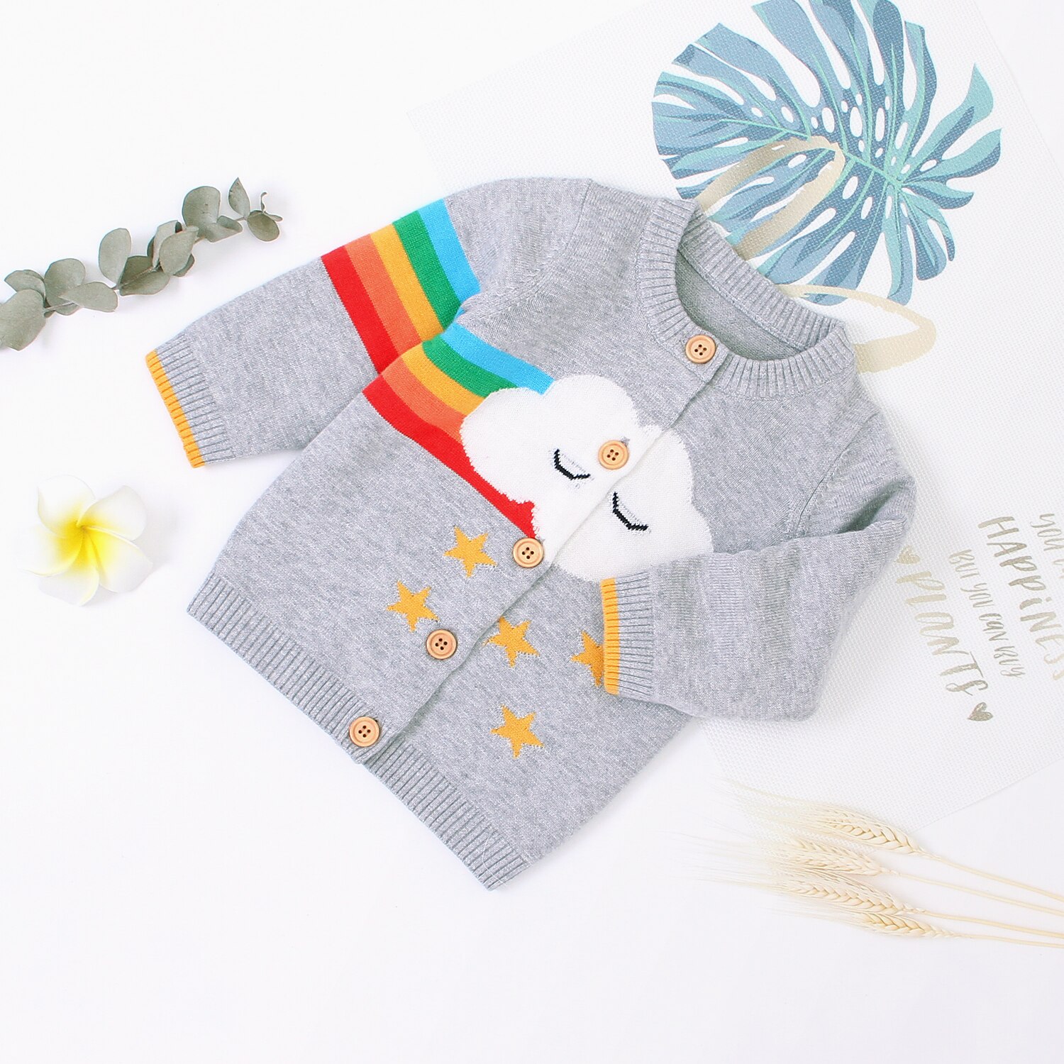 Toddler’s Autumn Clothes O-Neck Long-Sleeves Sweater Cardigan with Rainbow Cloud Star Patterns for Baby Girl, Boy