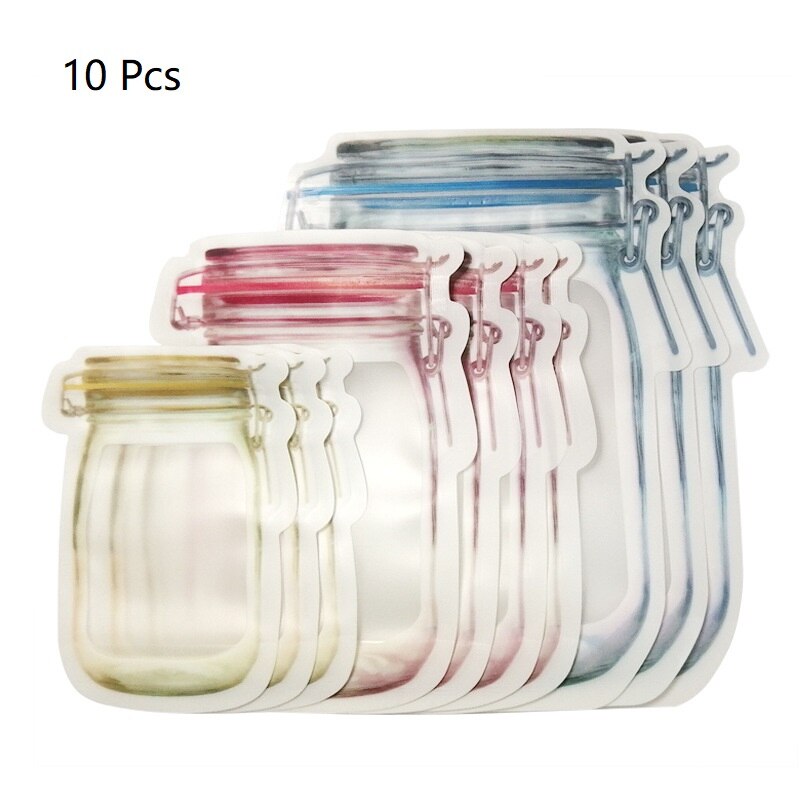 Reusabl Mason Fles Ziplock Opbergtas Transparant Voedsel Container Milieuvriendelijk Plastic Verzegelde Tassen Huishouden Keuken Organizer: 10Pcs