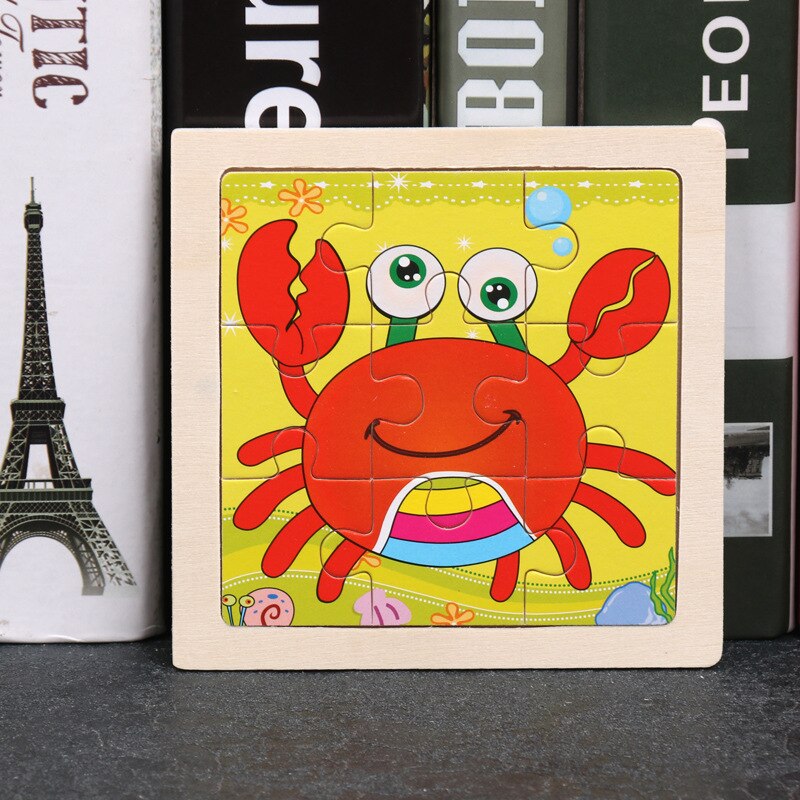 Puzle de madera de juguete para niños, 9 piezas, 3D, mini tamaño, dibujos animados, animales, tráfico, tangram, puzzle, educación: 4-crab