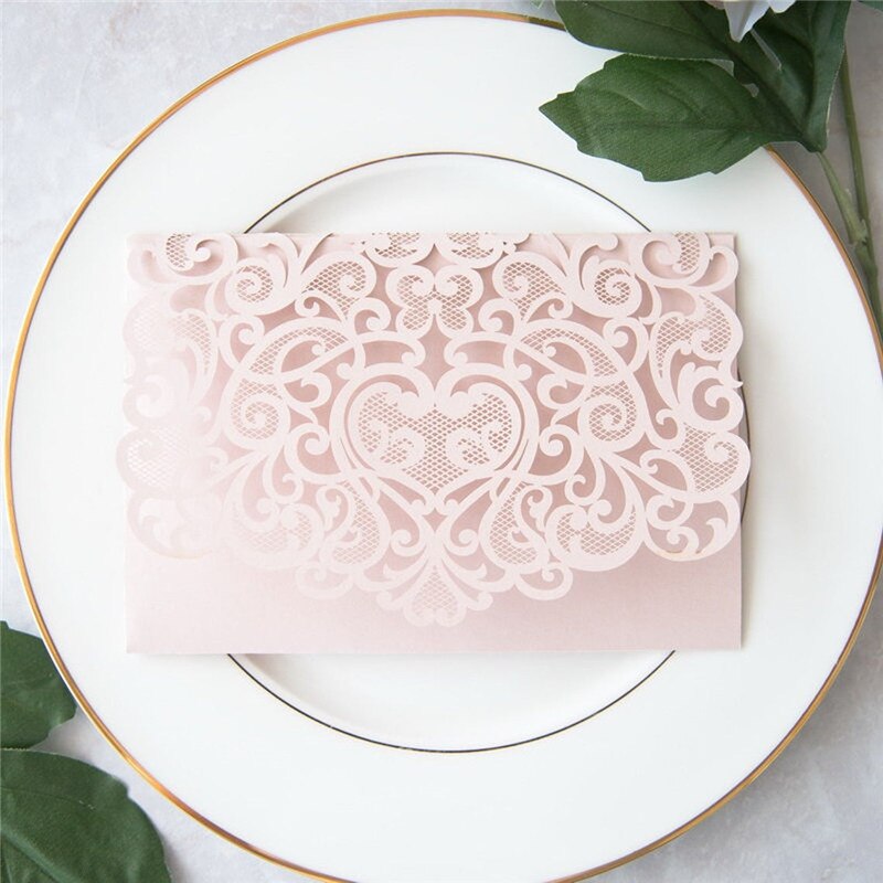 Light pink pearlescent paper invitations, wedding invitations, business invitations, cards, lace hollowed out cards: pink