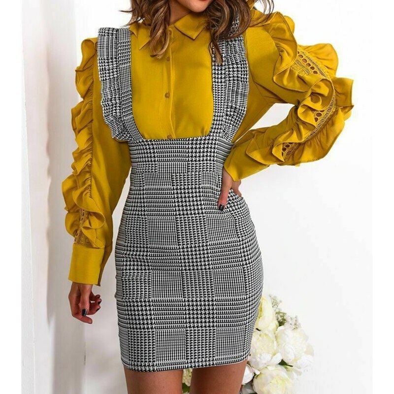 Mini robe moulante à volants pour femme, tenue de fête, à la , à carreaux, en dents de chien, taille haute, Slim, , décontracté