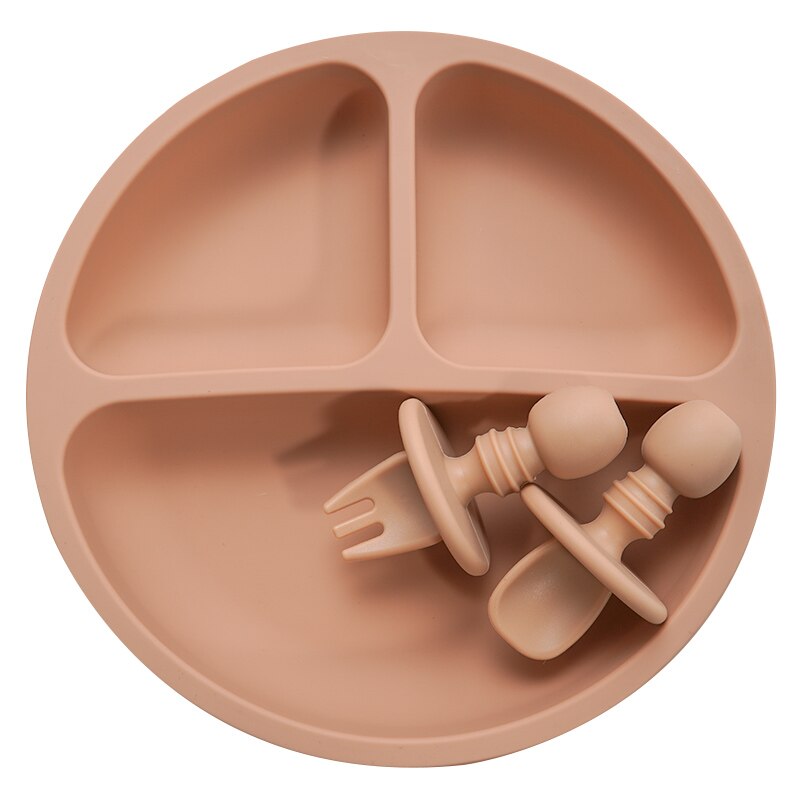 Ensemble d&#39;assiettes en silicone solide, vaisselle d&#39;apprentissage pour bébés, à la , avec fourchette, cuillère, sans BPA: apricot