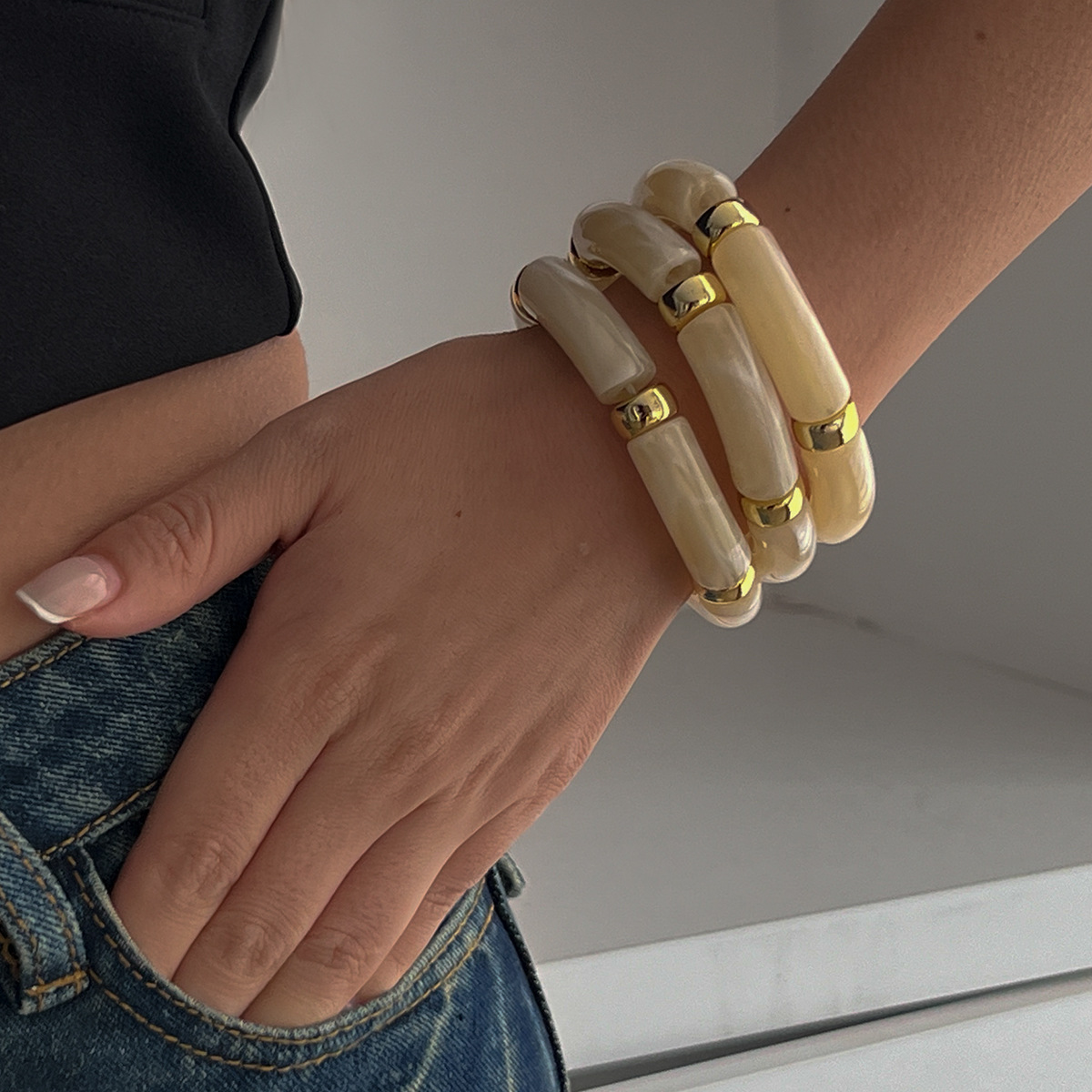 KMVEXO Vintage Acrylic Bamboo Beads Bracelet for Women Multi Color Stretchy Resin Girls Charm Couple Bangles Men Jewelry: Gold-color