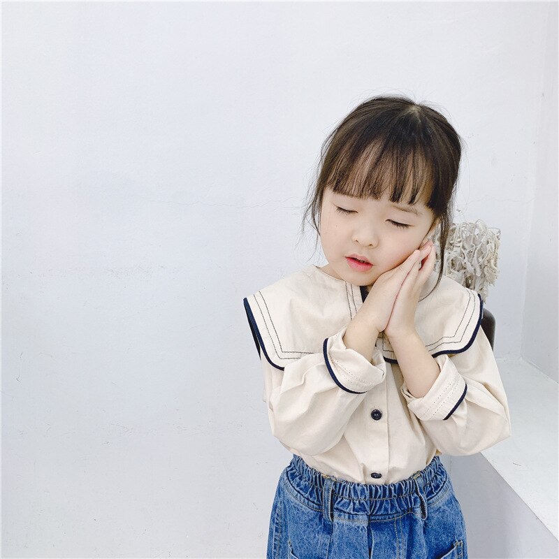 Estilo marinero de algodón con cuello vuelto grande para niñas primavera otoño ropa casual de manga larga para niños