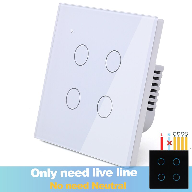 (No need neutral) WIFI Touch Light Wall Switch Black Glass Blue LED Smart Home Phone Control 1 Gang 2 Way Alexa Google Home: 4GangWhite