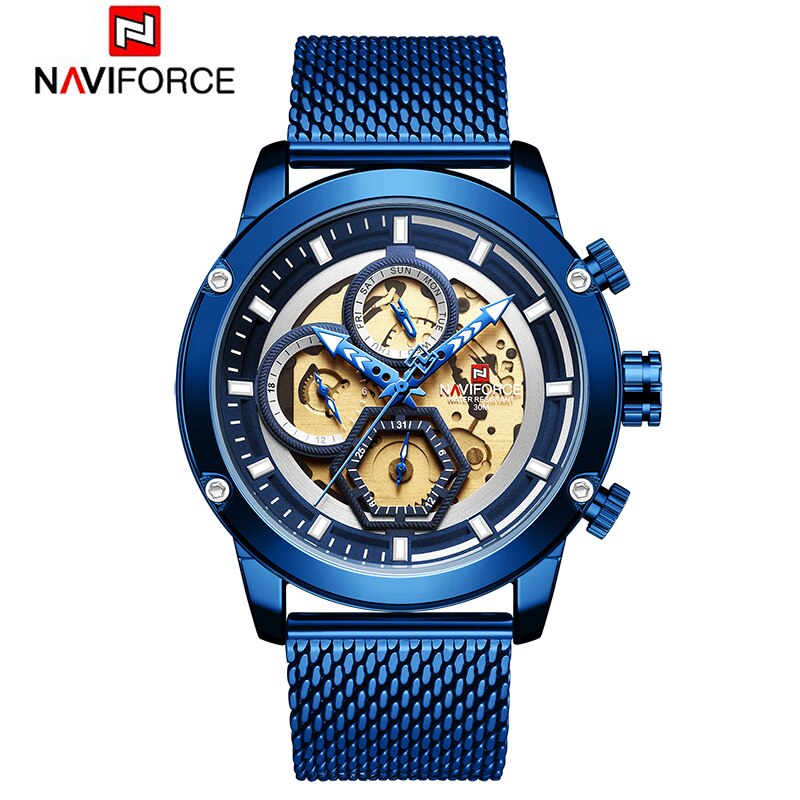 Naviforce Mannen Horloge Blue Skeleton Dial Lichtgevende Heren Horloges Luxe Quartz Horloge Mannen Luxe Horloges