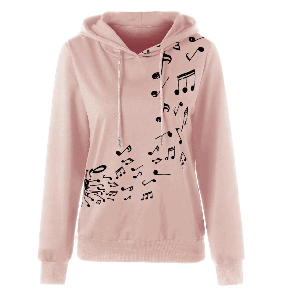 Women's Loose Hoodies Long Sleeve Sweatshirt Musical Note Printing Hoodie Pullover Winter Warm Sport Casual Sweater Tops: S / Pink