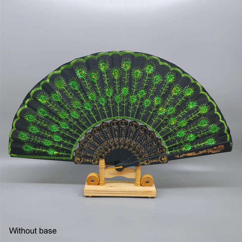 Art Folding Tail Feather Plastic Bone Sequins Carved Hand Fan Summer Accessory Crafts Print Home Decor Embroidery: black green