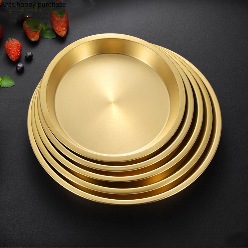 Thicken Brass Round Plate Cake Dessert Metal Plate Fruit Dish Home Steamed Fish Yellow Bronze Kitchen Supplies Dinner Plates