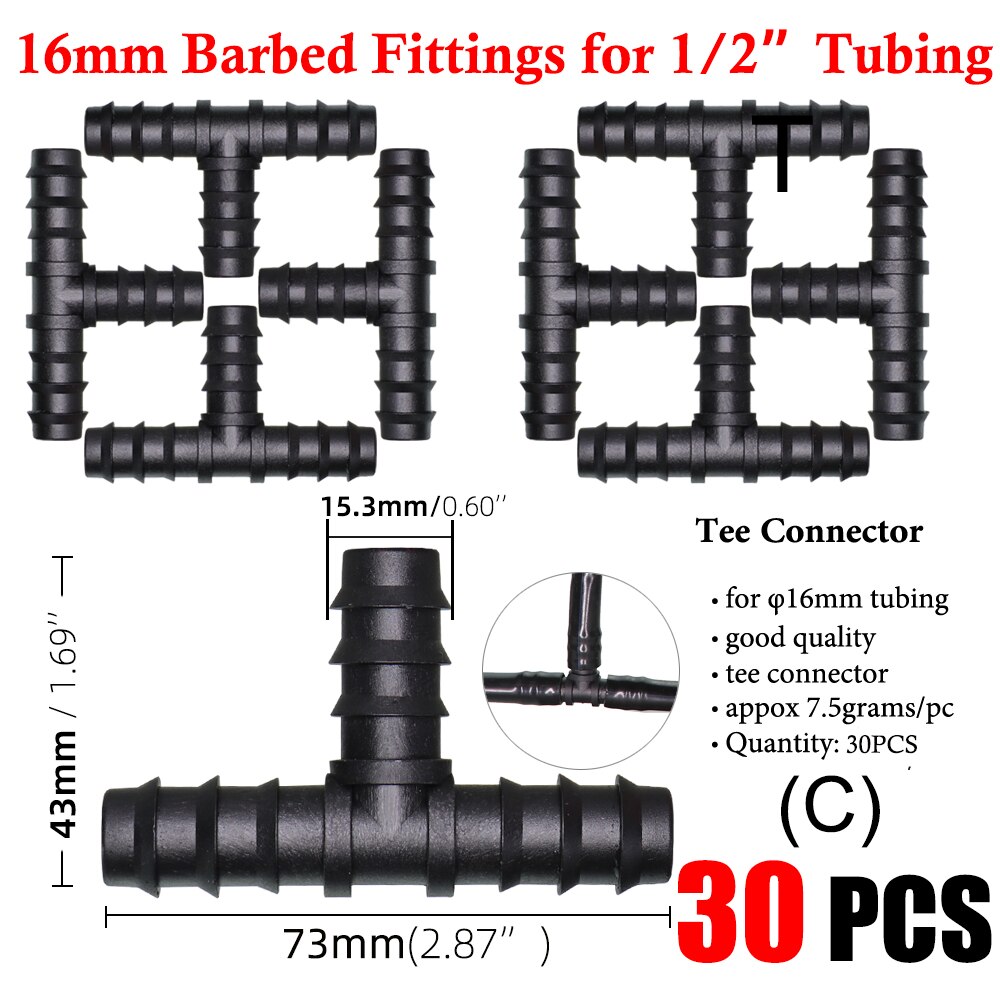 16mm PE Tubing Barbed Fittings Kit Garden Drip Watering Connectors Tee Elbow Coupling Cap Plug End 1/2" Hose Irrigation Adaptor: CX30PCS