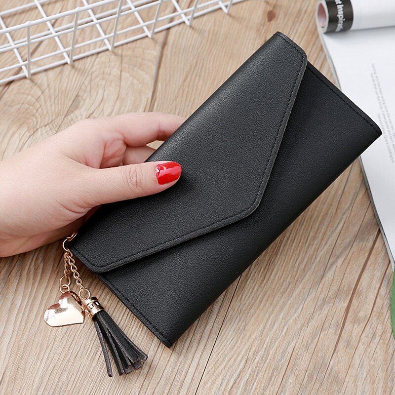 Brand Long Handbag Practical women's Coin Purse Ladies Tassel Buckle Wallet Business Card Holder: black