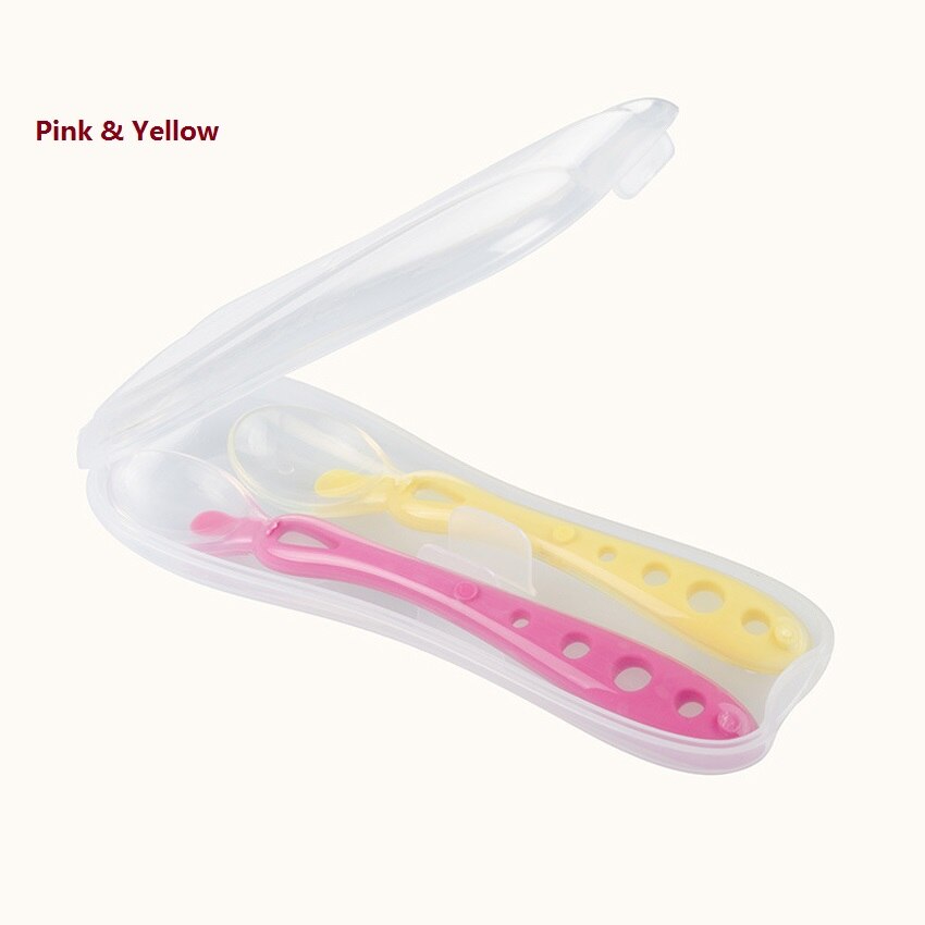Babybestick för barn 2 skedar med bärbox flexibel matsked för barnmatande skedgaffel säkerhetsätverktyg: Gul och rosa