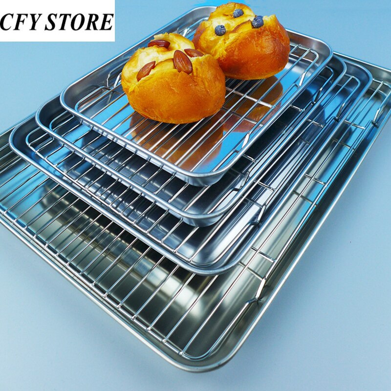 Stainless Steel Rectangle Plate with Net Rack Restaurant Fish BBQ Fried Chicken Cooling Serving Plate Skewers Seafood Tableware