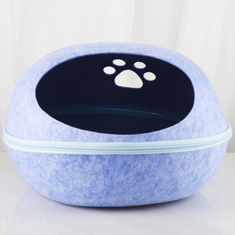 Cama desmontable de concha de huevo para gato, saco de dormir de fieltro Natural con cojín de nido, suave y transpirable esterilla, cueva semicerrada para mascotas: Blue