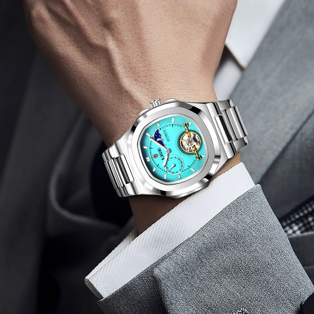 Reloj LIGE Tourbillon de doble segundo, reloj mecánico de 24 horas, reloj auténtico de acero inoxidable para hombre, reloj resistente al agua con brillo nocturno para hombre