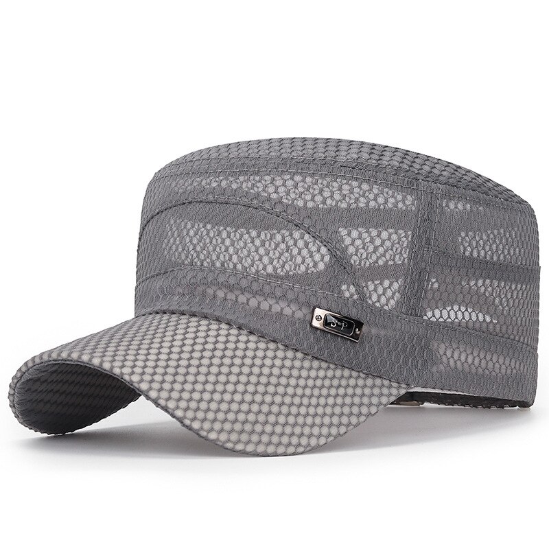 Unisex zomer platte pet dames heren ademend mesh hoed effen kleur buiten vissen sport zonnehoed casual zonnebrandcrème petten hoofdbedekking: Lichtgrijs