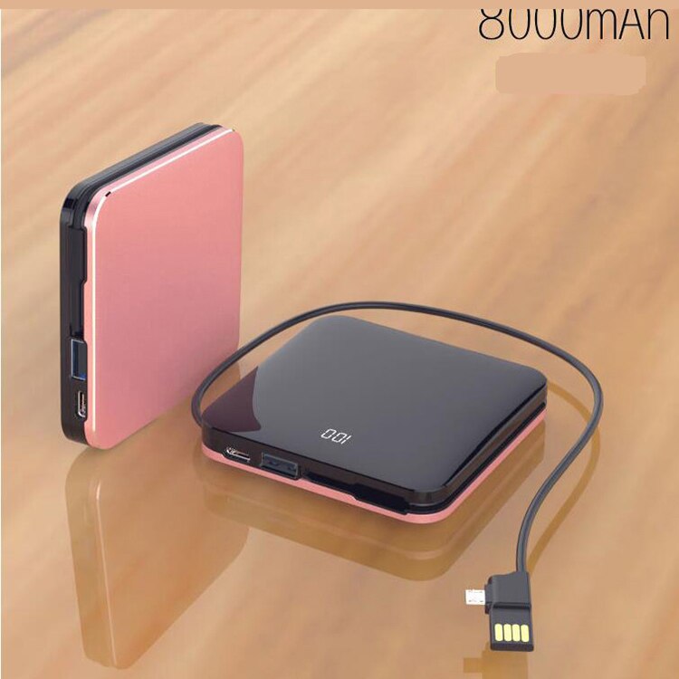 Mini Power Bank 8000mah Thin Mirror Screen 2.1A Fast Charging 3 in1 Built-in Line Portable Charger Powerbank for iphone xiaomi: rose gold with cable